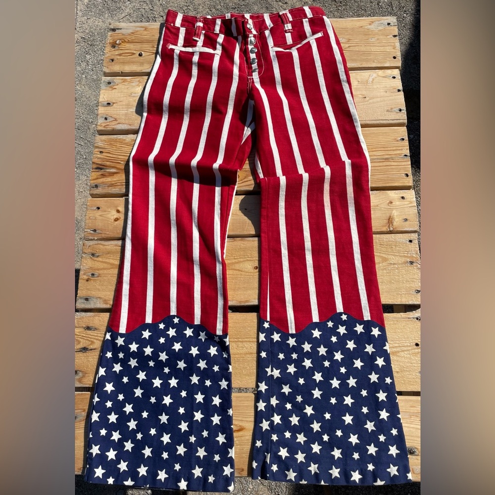 1960’s American Flag Vintage Denim Bell Bottoms Pants Hippie Woodstock
